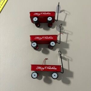 Set of 3 Red Merry Christmas Metal Wagon Ornaments Holiday Decor Kurt Adler